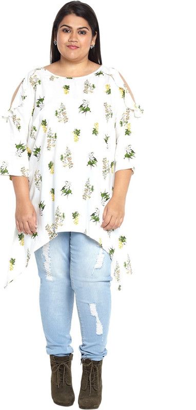 Casual Cold Shoulder Sleeves Floral Print Women White Top
