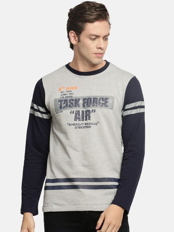 Men Printed Round Neck Cotton Blend Blue, Grey T-Shirt