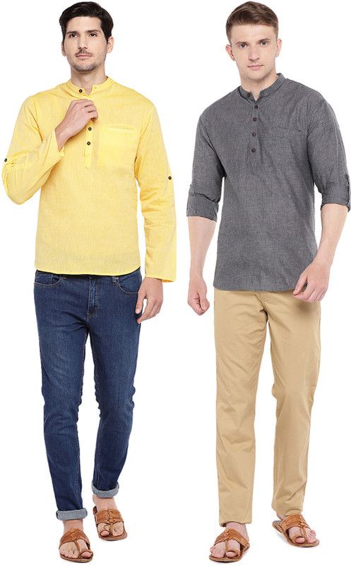 Pack of 2 Men Solid Pure Cotton Straight Kurta  (Grey, Yellow)