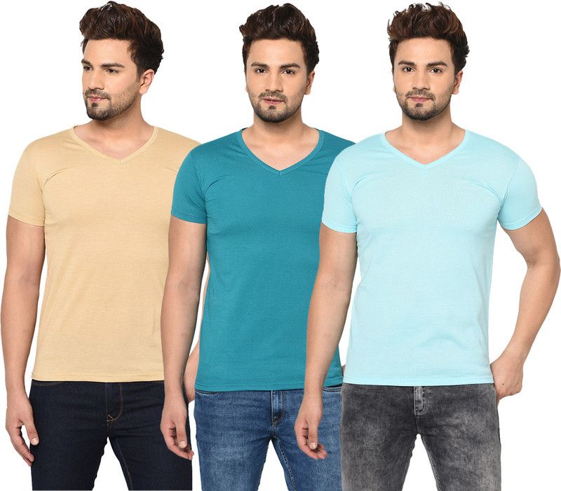 Pack of 3 V neck Combo T-shirts Multicolor Men Solid V Neck Cotton Blend Light Blue, Beige T-Shirt