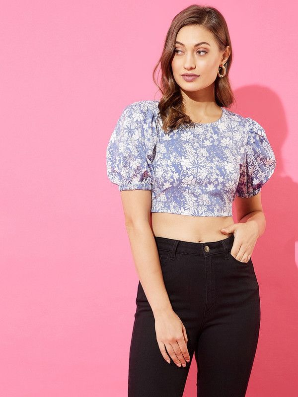 Casual Puff Sleeves Printed Women White, Blue Top