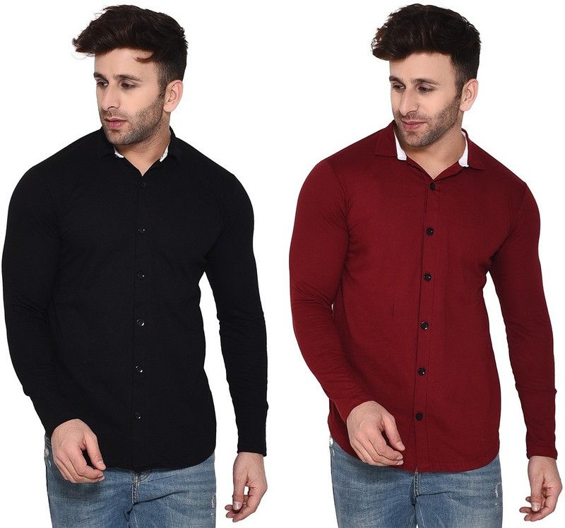 Men Solid Casual Black, Maroon Shirt  (Pack of 2)