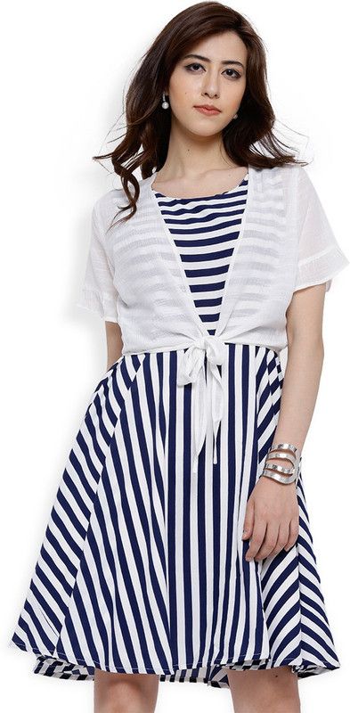 Women Fit and Flare Dark Blue, White Dress