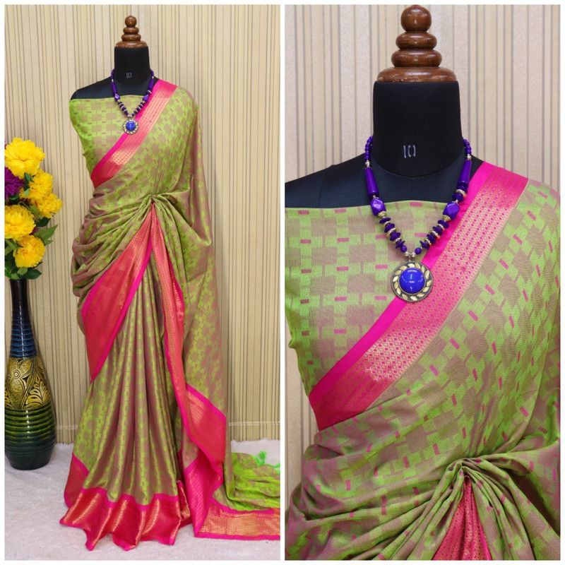 Paithani Cotton Silk Saree  (Light Green, Pink)