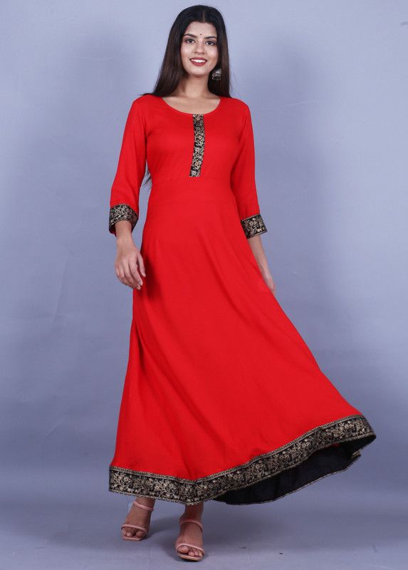 Solid Rayon Blend Stitched Straight Gown  (Red)
