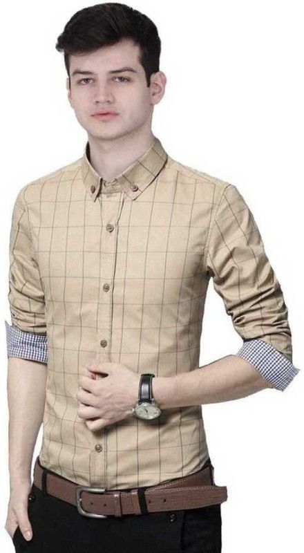 Men Checkered Formal Beige Shirt