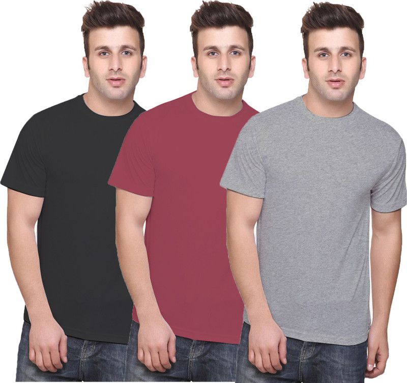 Pack of 3 Mens Tshirt Men Solid Round Neck Cotton Blend Maroon, Black, Grey T-Shirt
