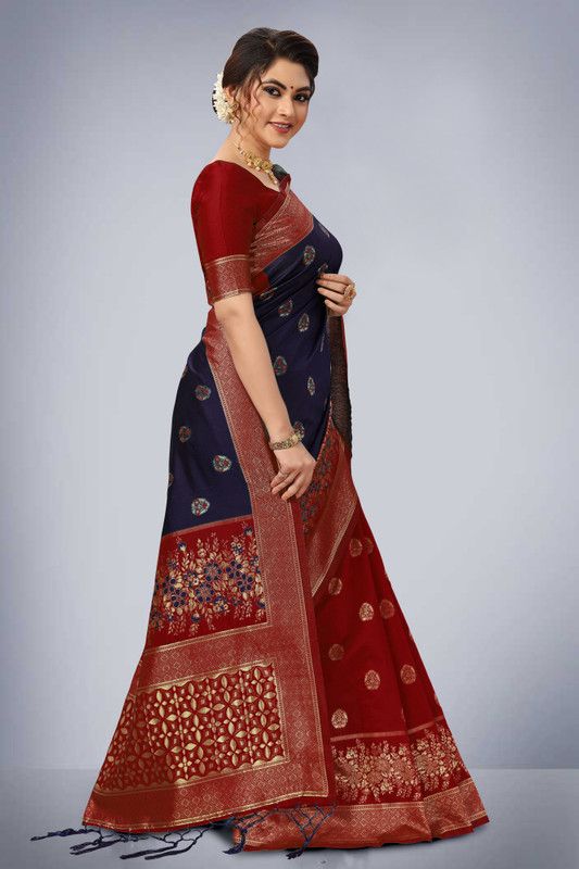 Embroidered Kanjivaram Jacquard, Art Silk Saree  (Dark Blue)