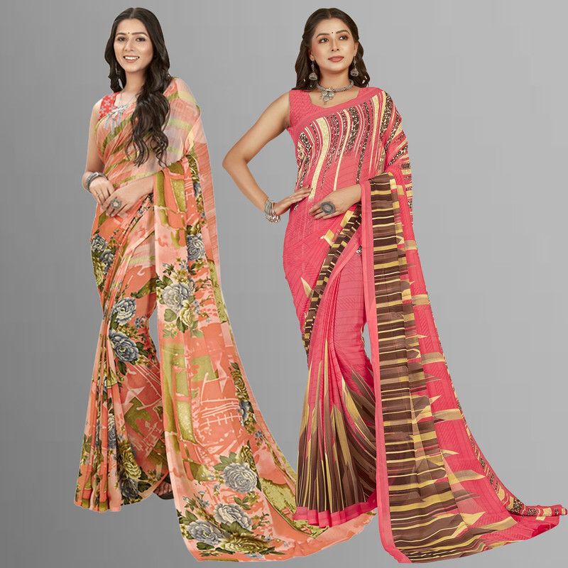 Striped Daily Wear Georgette Saree  (Pack of 2, Multicolor, Pink)