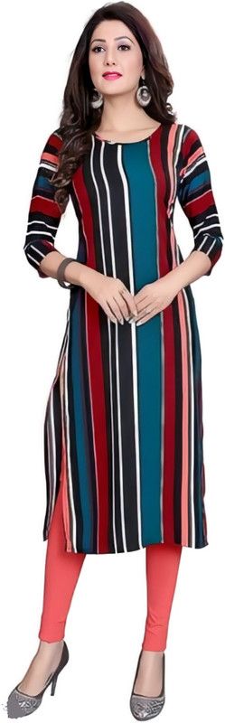 Women Striped Crepe A-line Kurta  (Light Blue, Red)