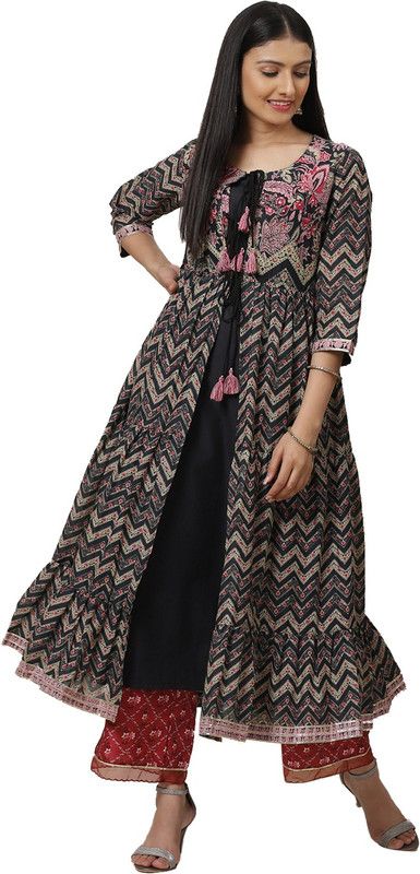 Women Printed Polyester Flared Kurta  (Black)