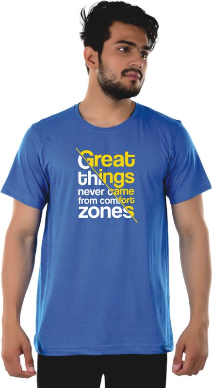 Mens Solid Round Neck T shirt Men Printed Round Neck Cotton Blend Blue T-Shirt