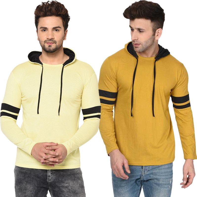 Pack of 2 MZM-FZN Men Solid Hooded Neck Cotton Blend Gold, Yellow T-Shirt