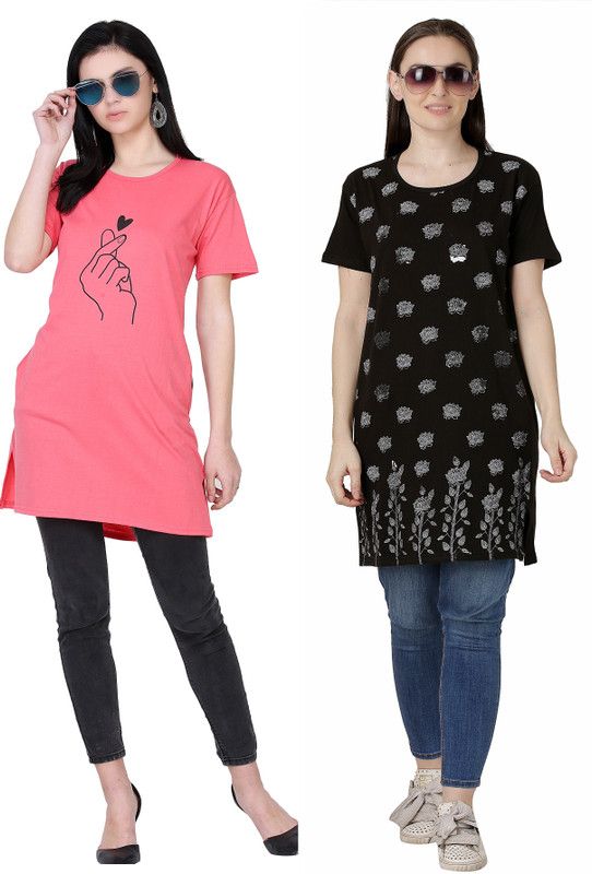 Printed, Floral Print Women Multicolor T-Shirt  (Pack of 2)