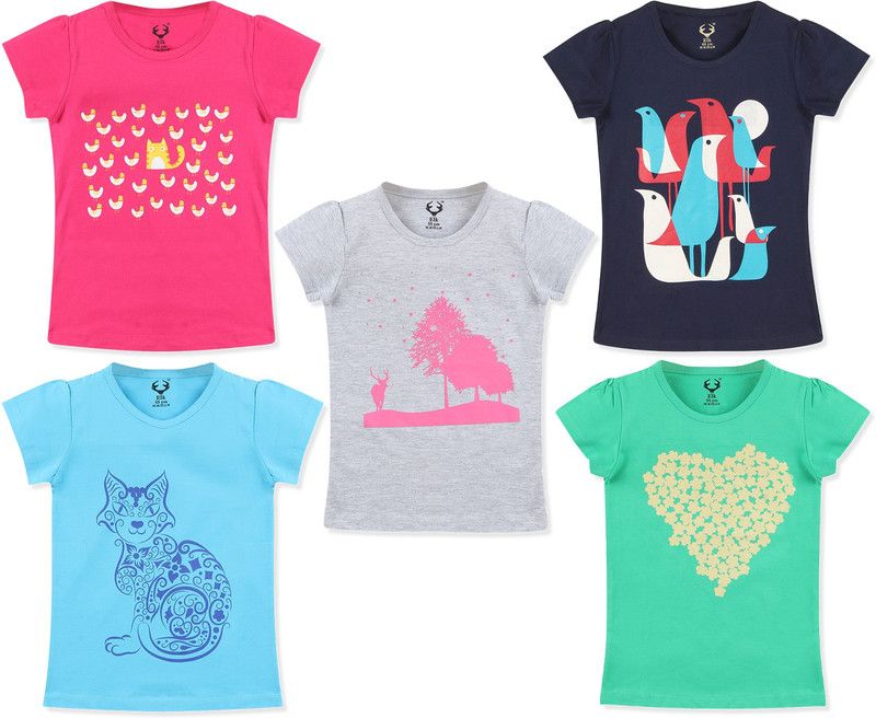 Girls Printed Pure Cotton T Shirt  (Blue, Pack of 5)