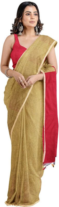 Solid/Plain Handloom Pure Cotton Saree  (Beige)