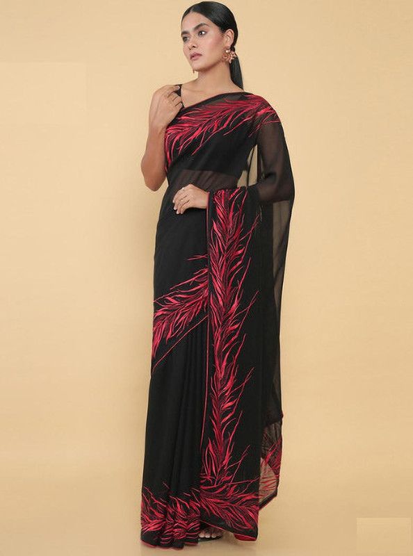 Floral Print, Solid/Plain Handloom Georgette Saree  (Red, Black)