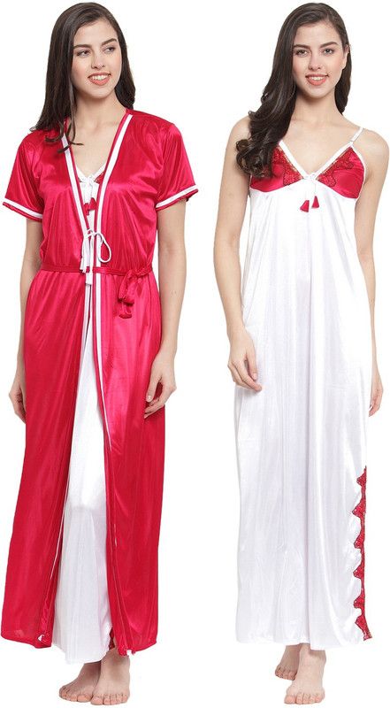 Women Nighty with Robe  (White, Red)