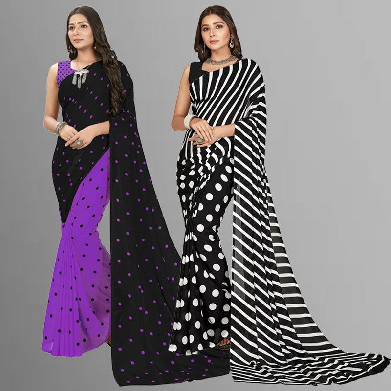 Printed Daily Wear Georgette Saree  (Pack of 2, Multicolor, Purple, Black)
