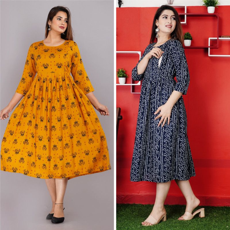 Pack of 2 Women Printed Viscose Rayon Anarkali Kurta  (Dark Blue, Yellow)