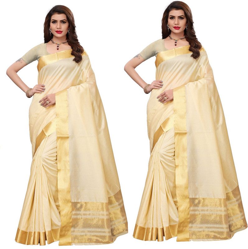 Solid/Plain Kasavu Cotton Silk Saree  (Pack of 2, Cream)