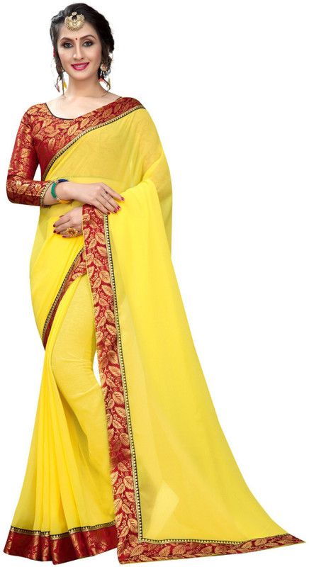 Plain Rajshahi Georgette Saree  (Yellow, Red)