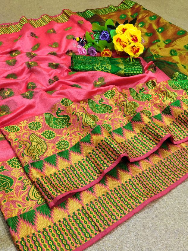 Self Design, Color Block, Temple Border, Animal Print, Solid/Plain Paithani Jacquard, Cotton Silk Saree  (Gold, Pink)