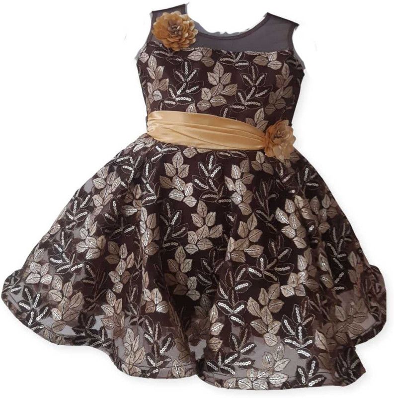 Girls Midi/Knee Length Festive/Wedding Dress  (Brown, Sleeveless)