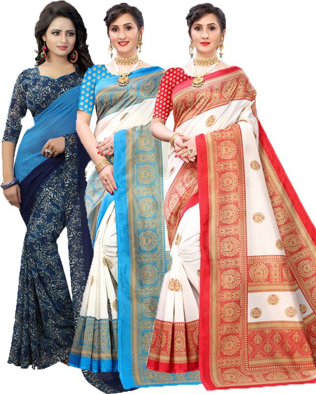 Printed Bollywood Georgette Saree  (Pack of 3, Blue, Light Blue, Red)