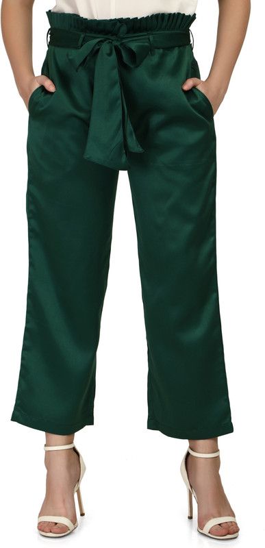 Women Regular Fit Green Satin Trousers