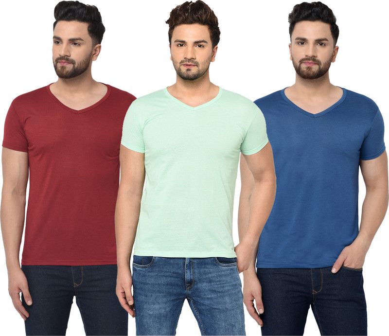Pack of 3 Men Solid V Neck Cotton Blend Red, Blue, Light Green T-Shirt