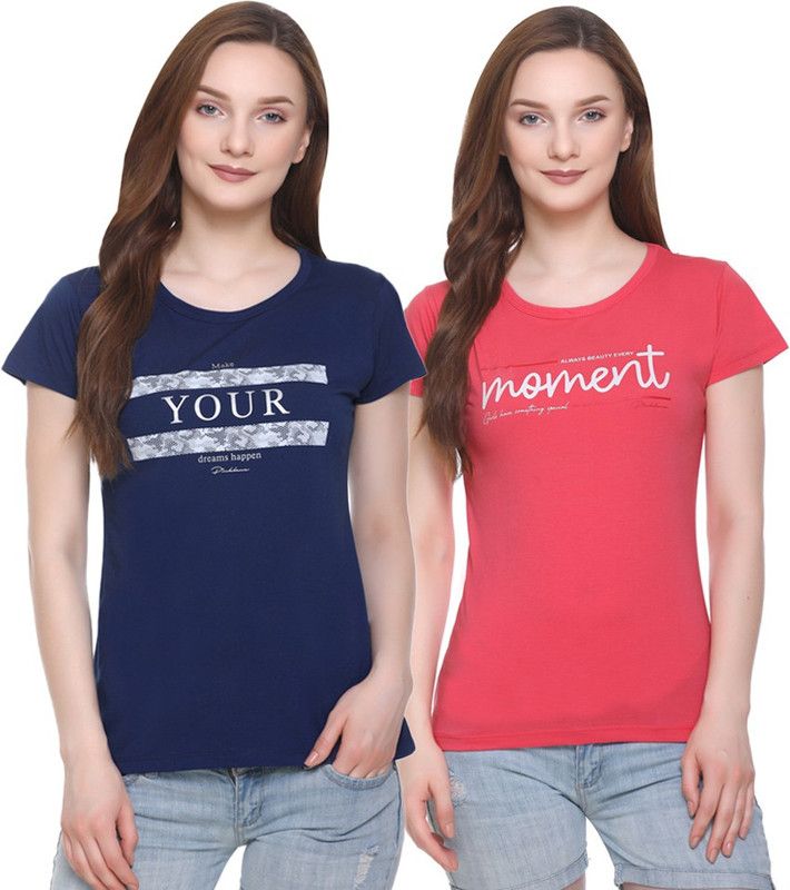 Pack of 2 Printed Trendy T shirts for Women / Girls Combo (Pack of 2) (Size L) Women Printed Round Neck Cotton Blend Multicolor T-Shirt