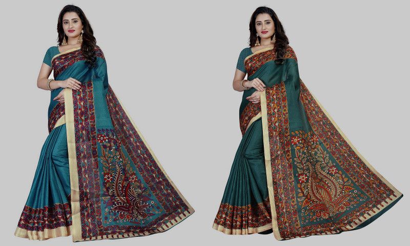 Printed Bollywood Pure Silk Saree  (Pack of 2, Green)