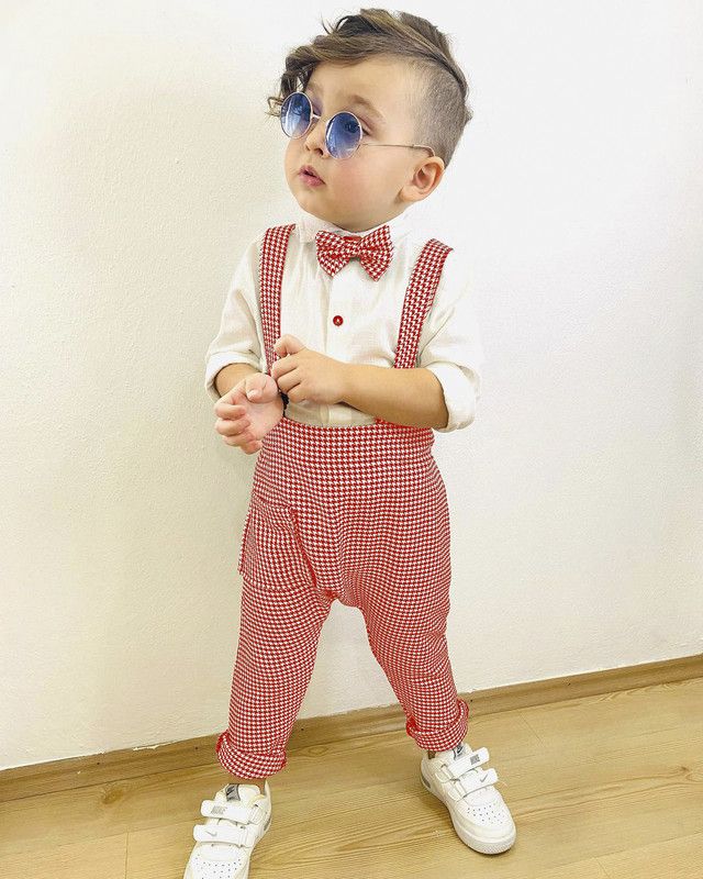 Dungaree For Baby Boys Party Checkered Cotton Silk  (Red, Pack of 1)