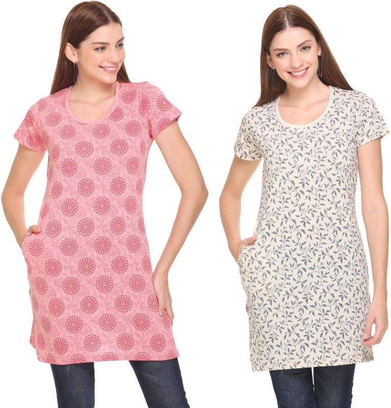 Women Printed Round Neck Cotton Blend Pink, Beige T-Shirt