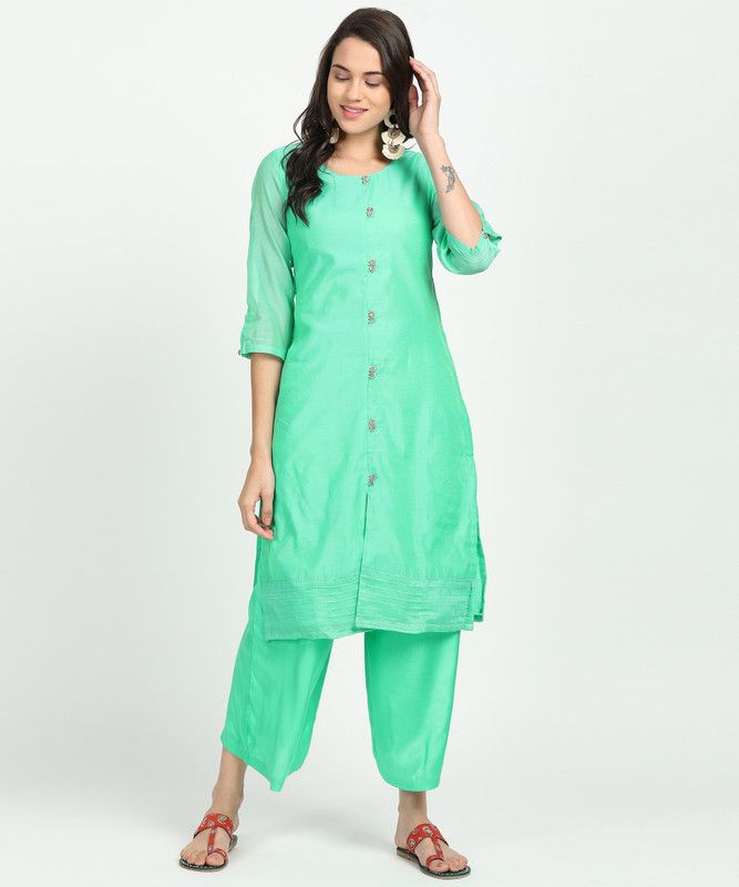Women Solid Polyester Frontslit Kurta  (Green)