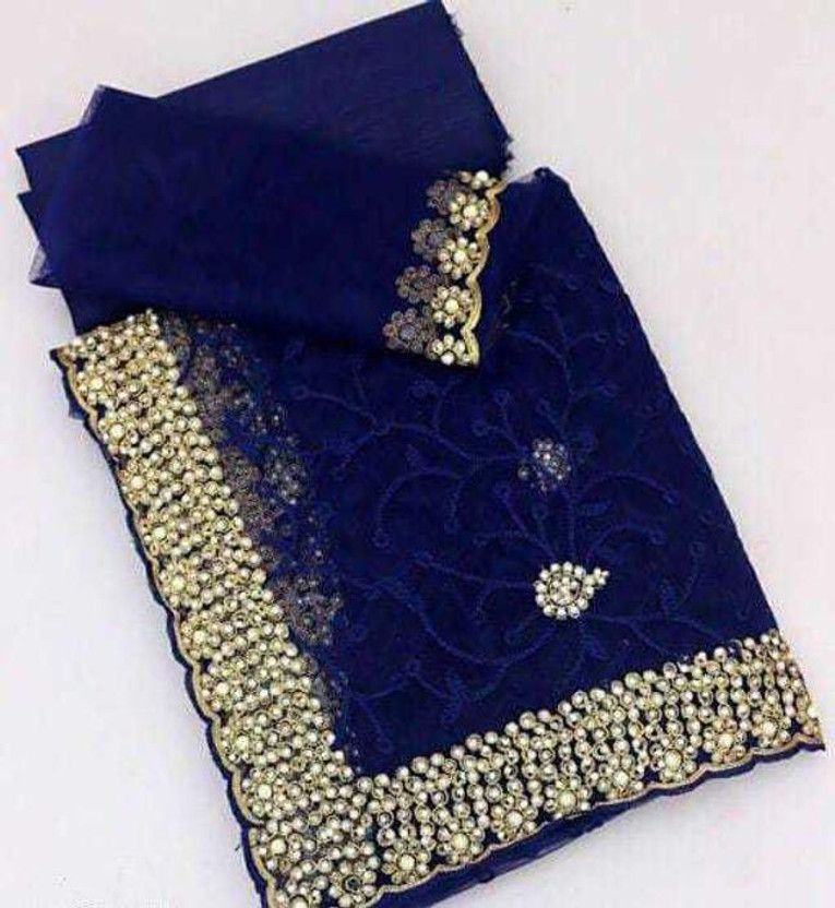 Embroidered Banarasi Net Saree  (Blue)