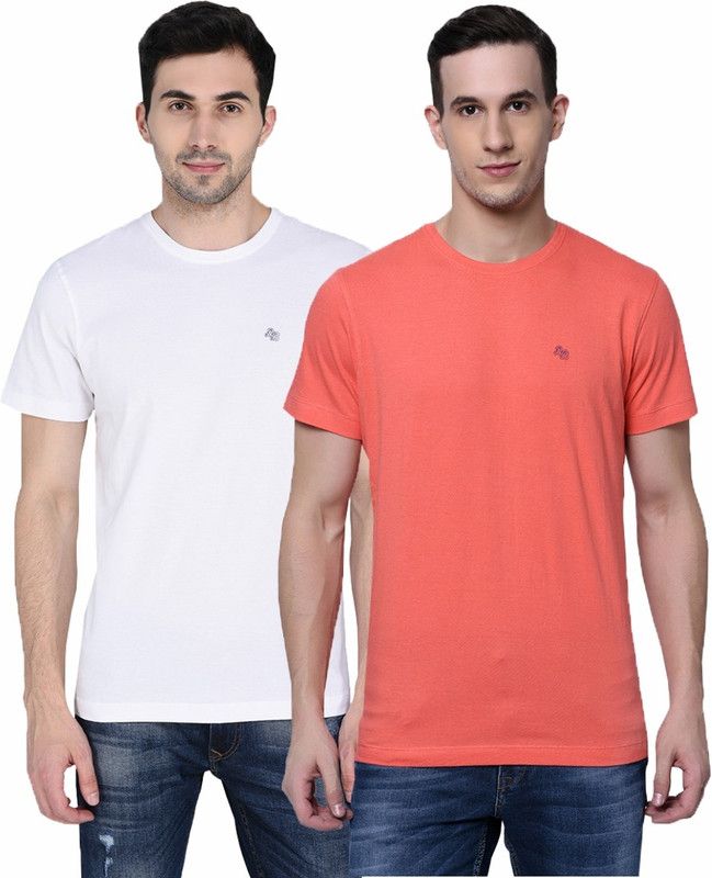 Pack of 2 Men Solid Round Neck Cotton Blend White, Orange T-Shirt