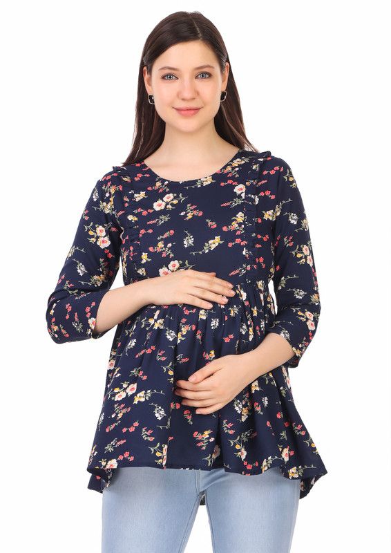 Women Polka Print Viscose Rayon Flared Kurta  (Dark Blue)