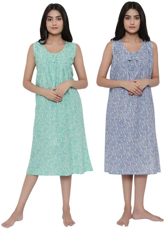 Pack of 2 Women Nightshirts  (Blue, Green)