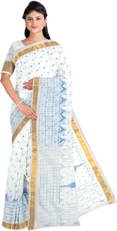 Printed Tant Cotton Blend Saree  (White, Blue)