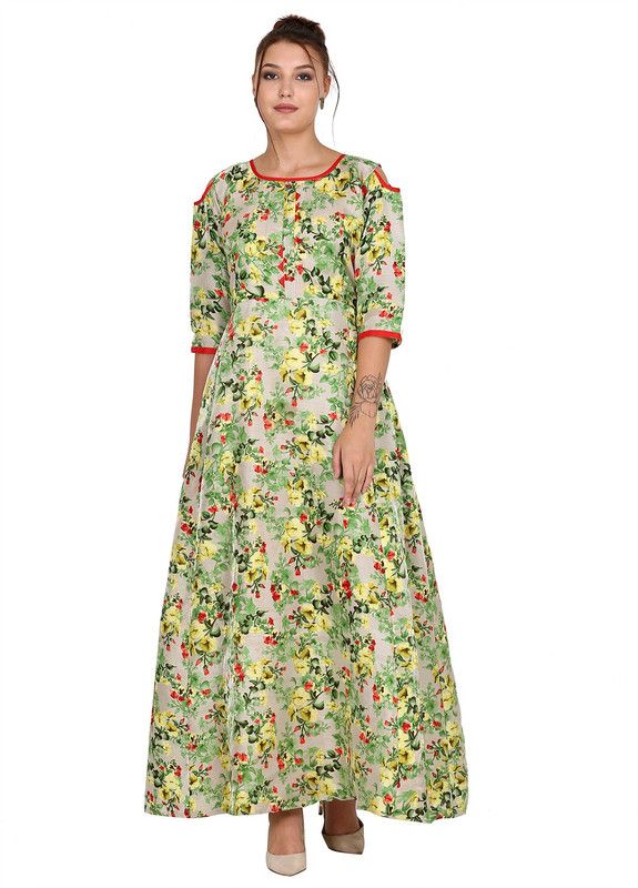 Floral Print Satin Stitched Flared/A-line Gown  (Green)