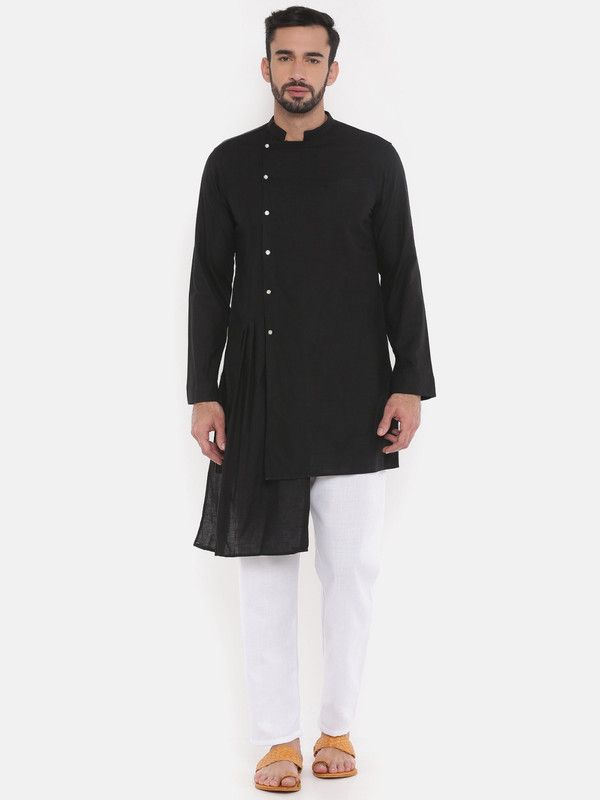 Men Solid Pure Cotton Trail Cut Kurta  (Black)