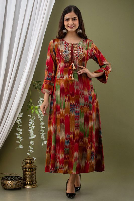 Graphic Print Rayon Blend Stitched Flared/A-line Gown  (Multicolor)
