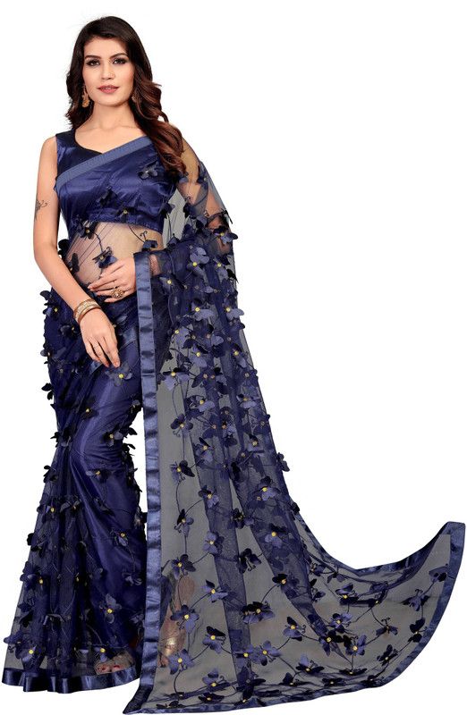 Applique Fashion Net Saree  (Dark Blue)