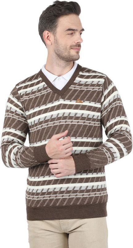 Men Striped V Neck Brown Sweater
