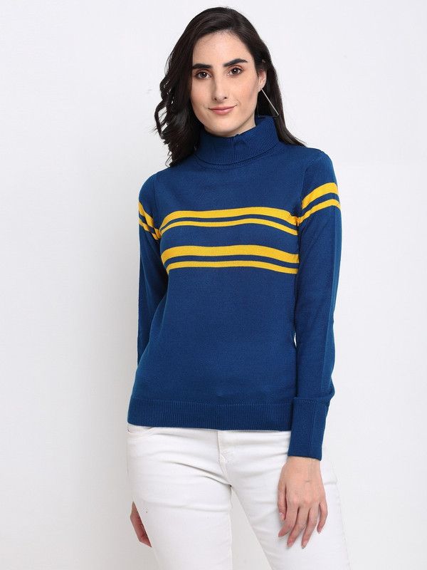 Women Striped High Neck Blue Sweater