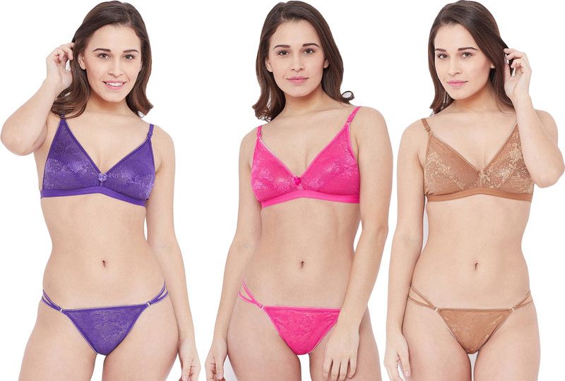 Bra & Panty Set Floral Print Pink, Purple, Gold Lingerie Set