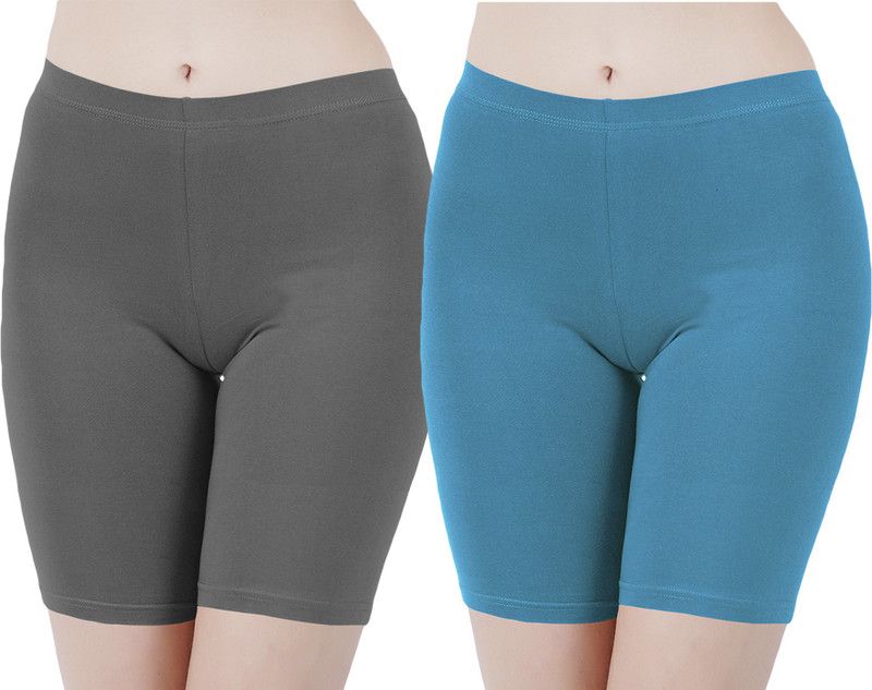 Pack of 2 Solid Women Grey, Light Blue Cycling Shorts