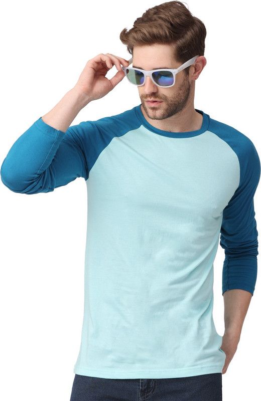 Men Solid Round Neck Cotton Blend Light Blue, Blue T-Shirt